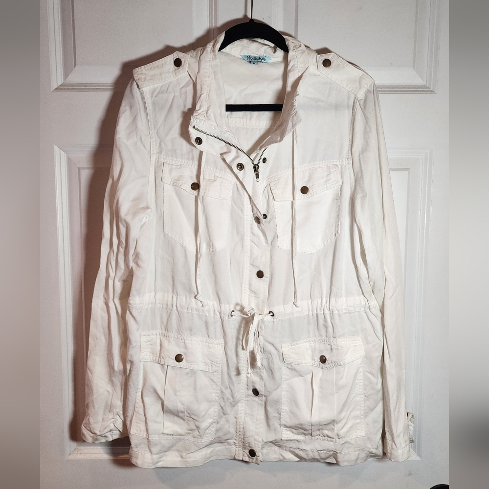 Nostalgia Women's White Drawstring Utility Jacket Lyocell Zip/Snap Front Medium